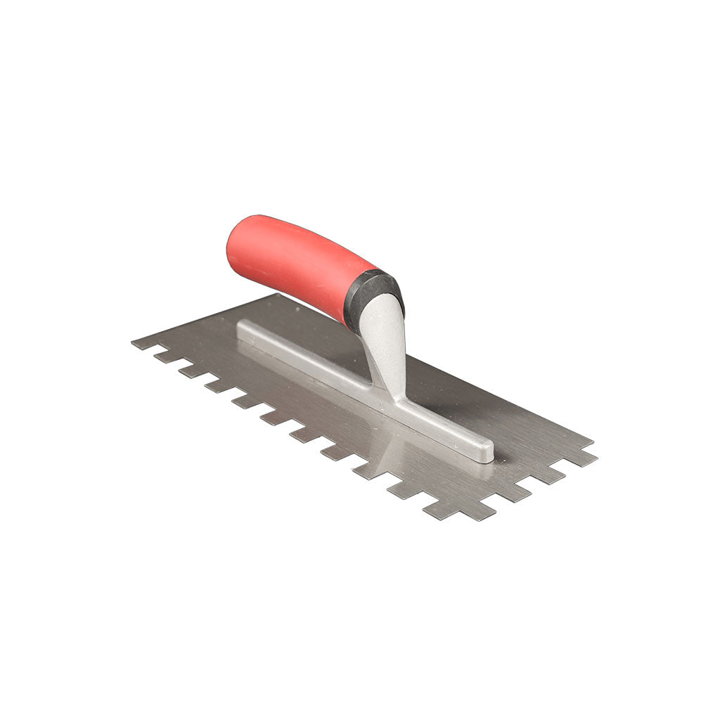 A stainless steel square notch adhesive trowel with a red handle.